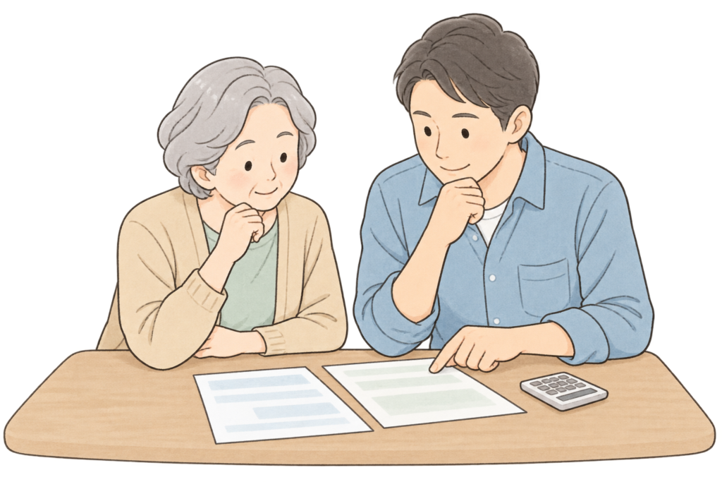 老人ホームの見積書を親子で確認するイラスト