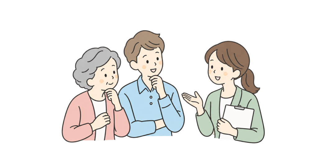 本人に必要な介護について相談員に相談する親子