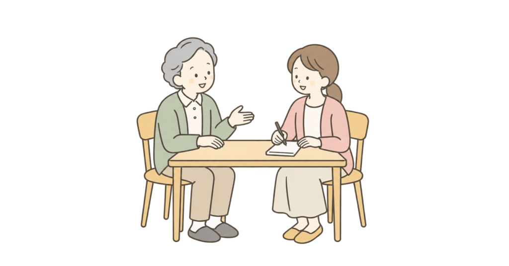 高齢の父親の生活習慣や希望を聞き、成人した子がメモするイラスト