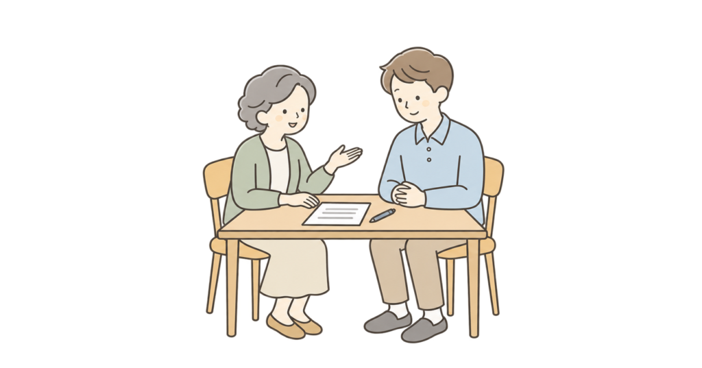 成人した子が相談員と老人ホーム探しの希望条件を整理するイラスト