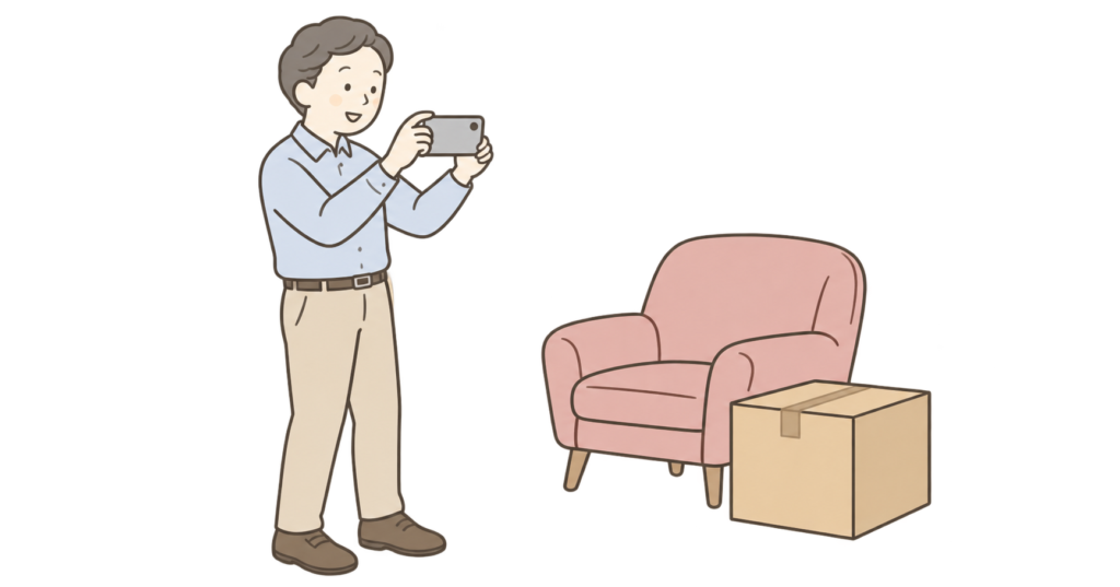 処分前の椅子と箱を家族がスマートフォンで撮影するイラスト