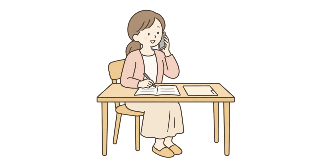 特養への申し込みについて電話で相談し、メモを取る家族のイラスト