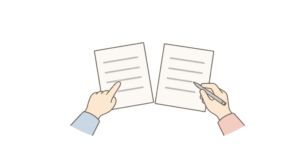老人ホームの見積書2枚を見比べ、費用の項目を確認する家族の手元のイラスト