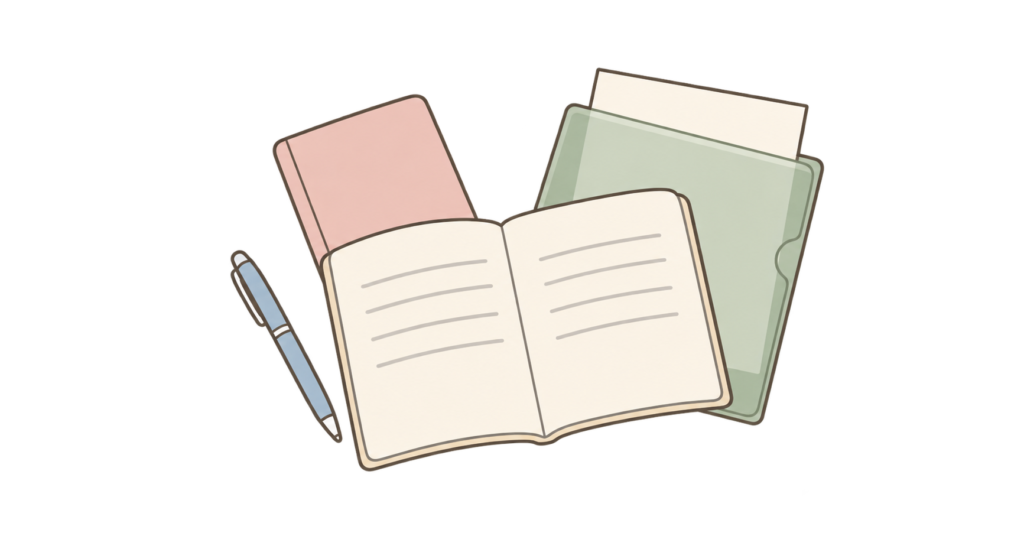 介護相談に向けて用意したメモ帳、ペン、手帳、書類フォルダーのイラスト