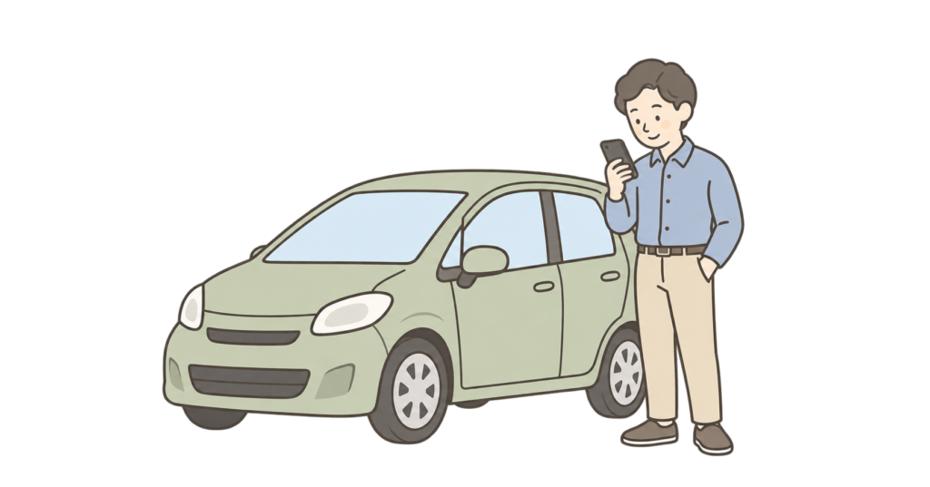 車の横でスマートフォンを使い、施設までの移動経路を確認する家族