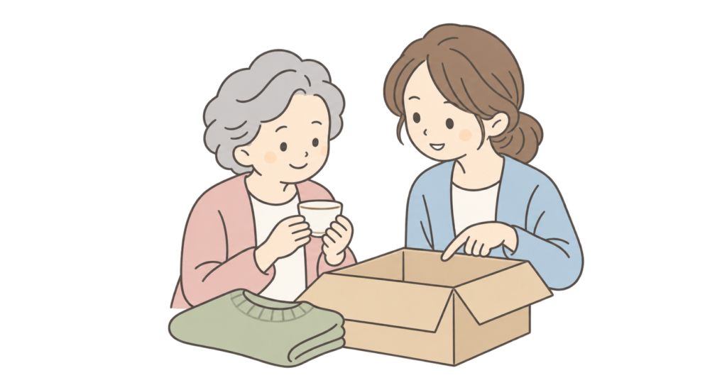 高齢の母親と成人した娘が、残す家財を一緒に確認するイラスト