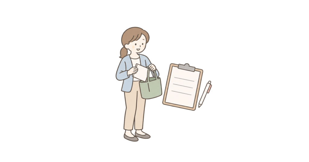老人ホームの見学に持っていく書類と確認事項を準備する家族のイラスト